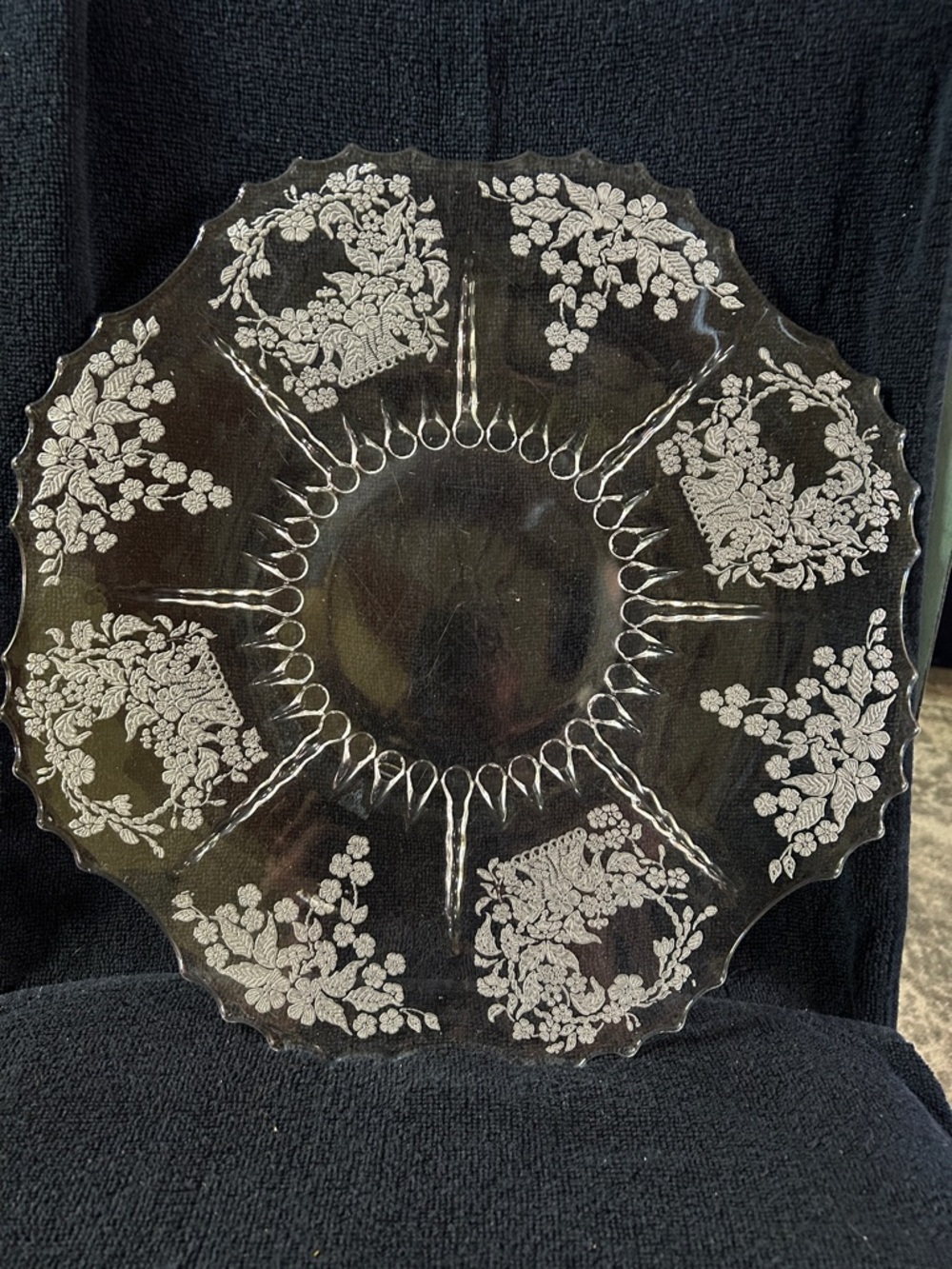 Viking New Martinsville Clear Depression Glass Platter w Etched Flowers